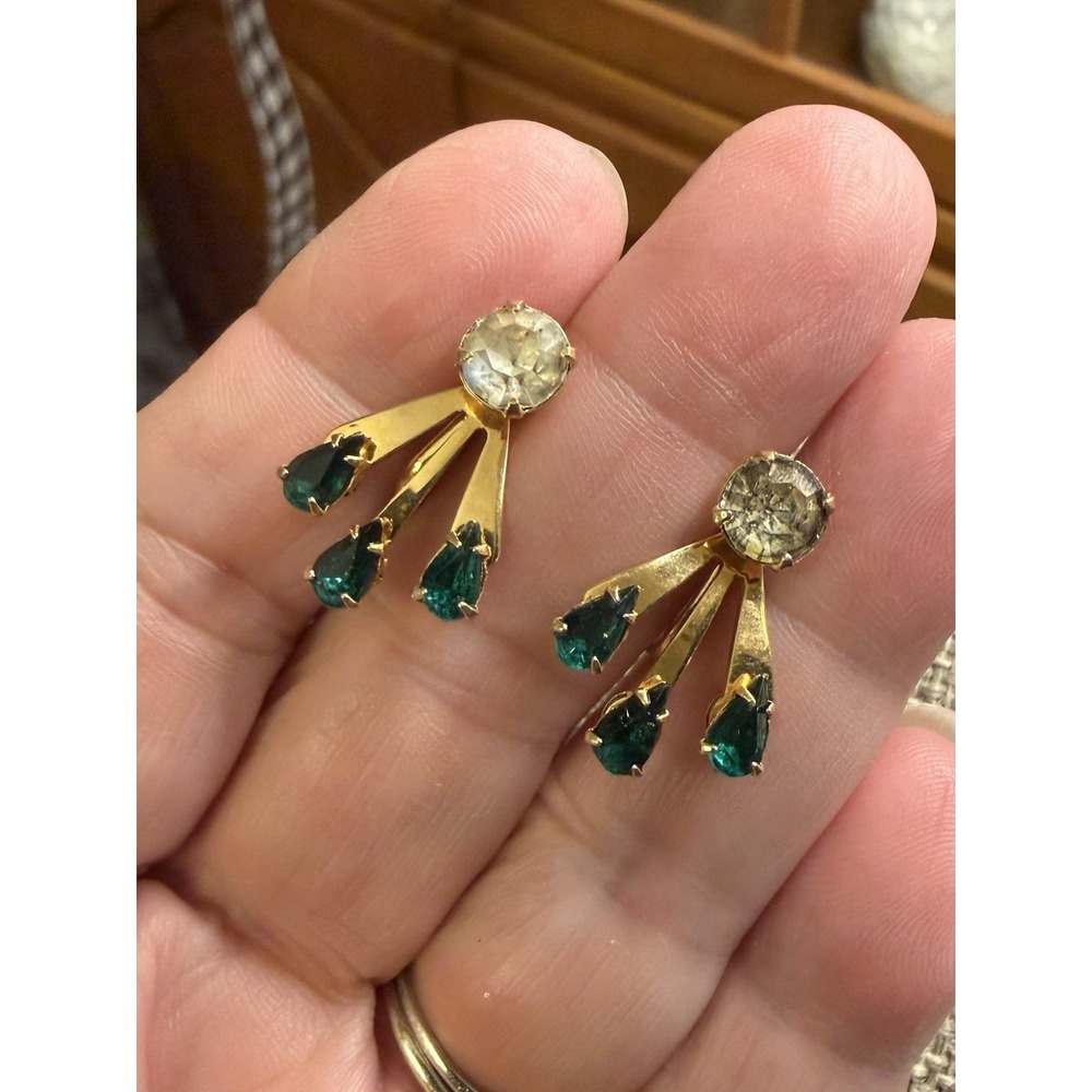 VTG Bugbee & Niles B.N. Earrings Green Clear Rhinestone Screw Back Gold Tone